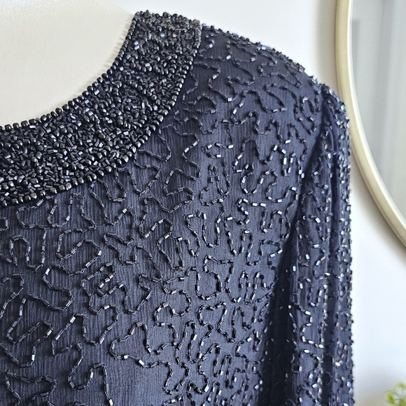 100% Pure Silk Mark & John By Gopal Black Beaded Cocktail Elegant Dress Sz Large - Picture 3 of 16